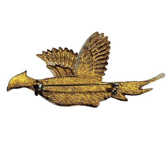 Vintage Colorful Enamel Flying Pheasant Bird Brooch Gold Tone Hunting Pin - Picture 7 of 9
